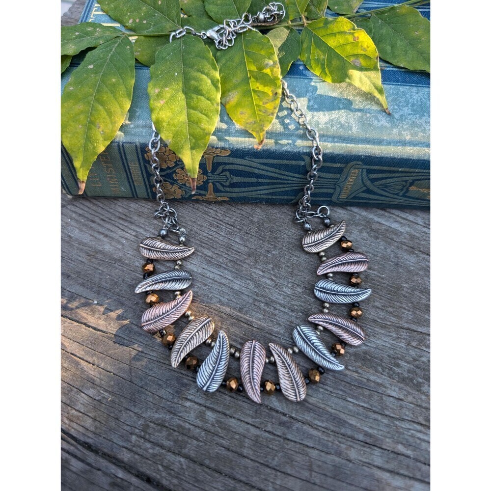 Vintage Leaf Crystal Necklace, Mixed Metal Colored Necklace
